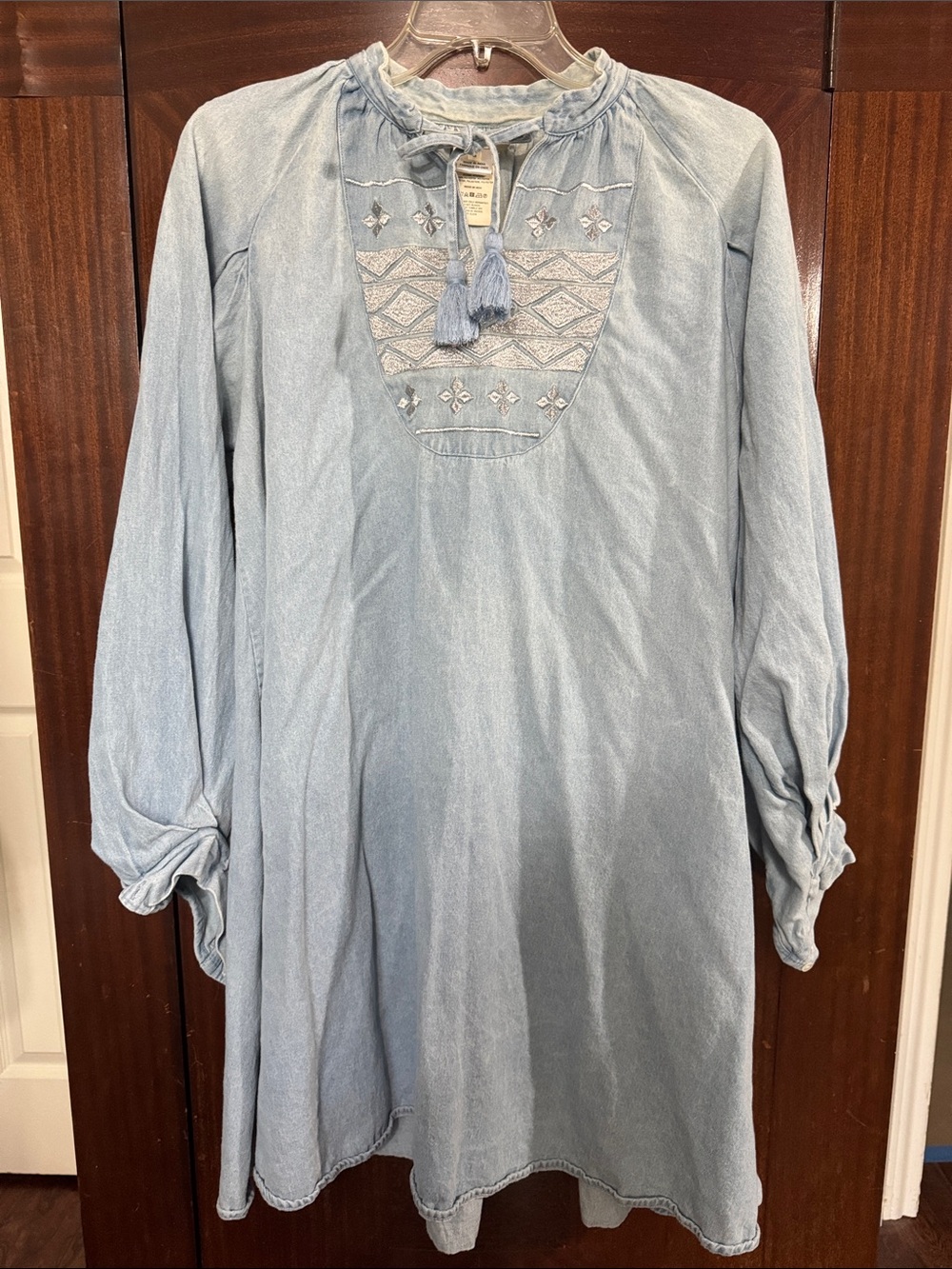 Light Wash Denim Tunic with Embroidered Bib and Tassel